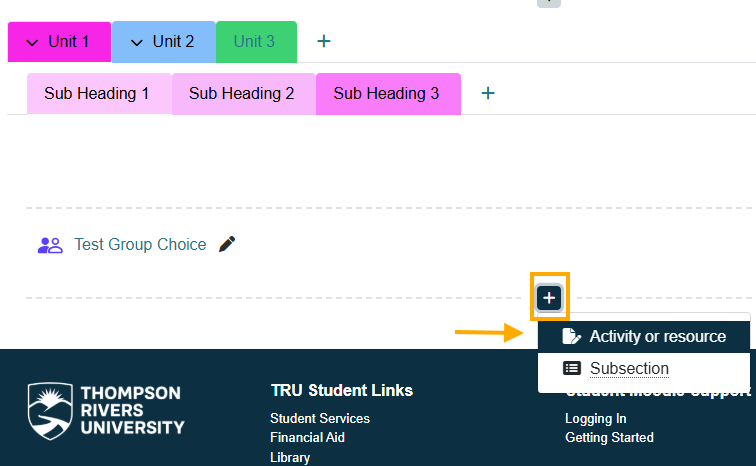 A Moodle course section with the plus button selected and Activity or resource highlighted.