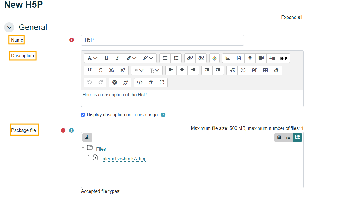 The New H5P settings screen in Moodle with Name, Description and Package file highlighted.