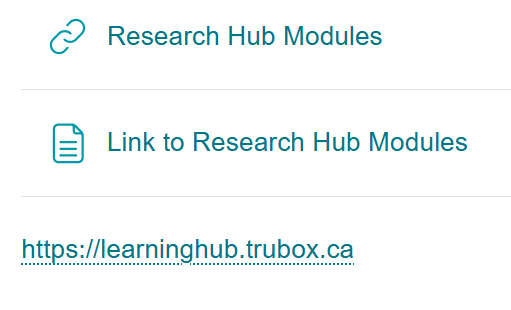 Three examples of how the TRU Research Learning Hub link appears on a Moodle course page.